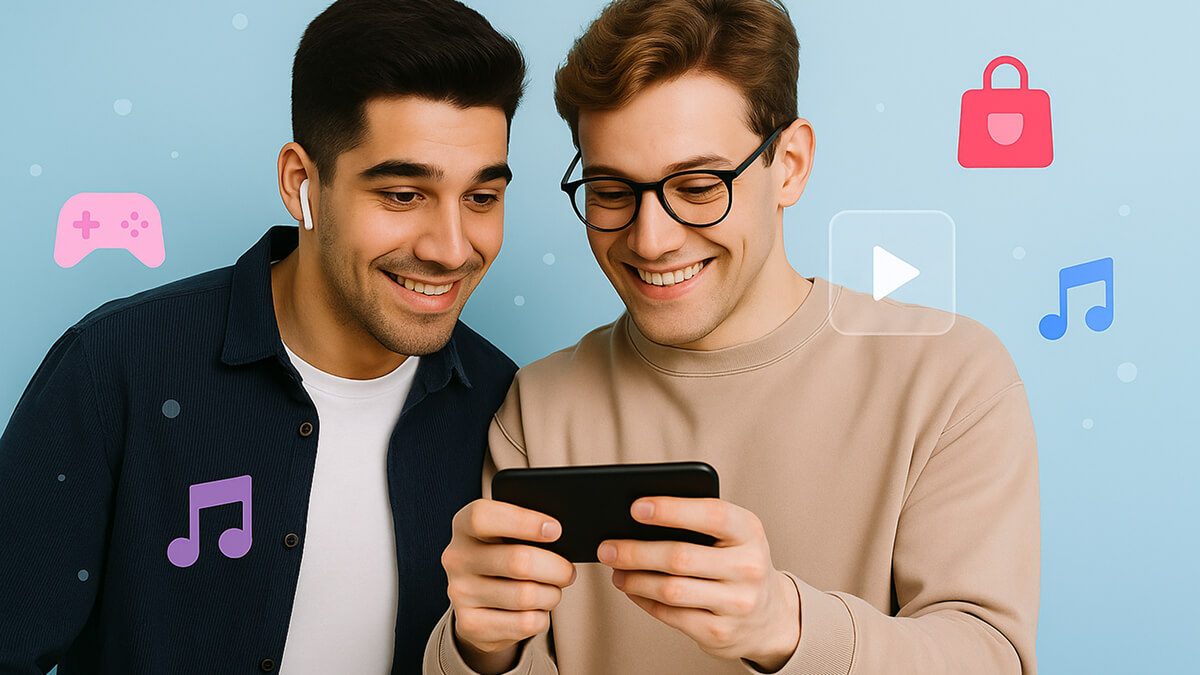 دو کاربر در حال تماشای محتوای دیجیتال روی گوشی موبایل، نمادی از مصرف گسترده اپلیکیشن‌ها در زندگی روزمره