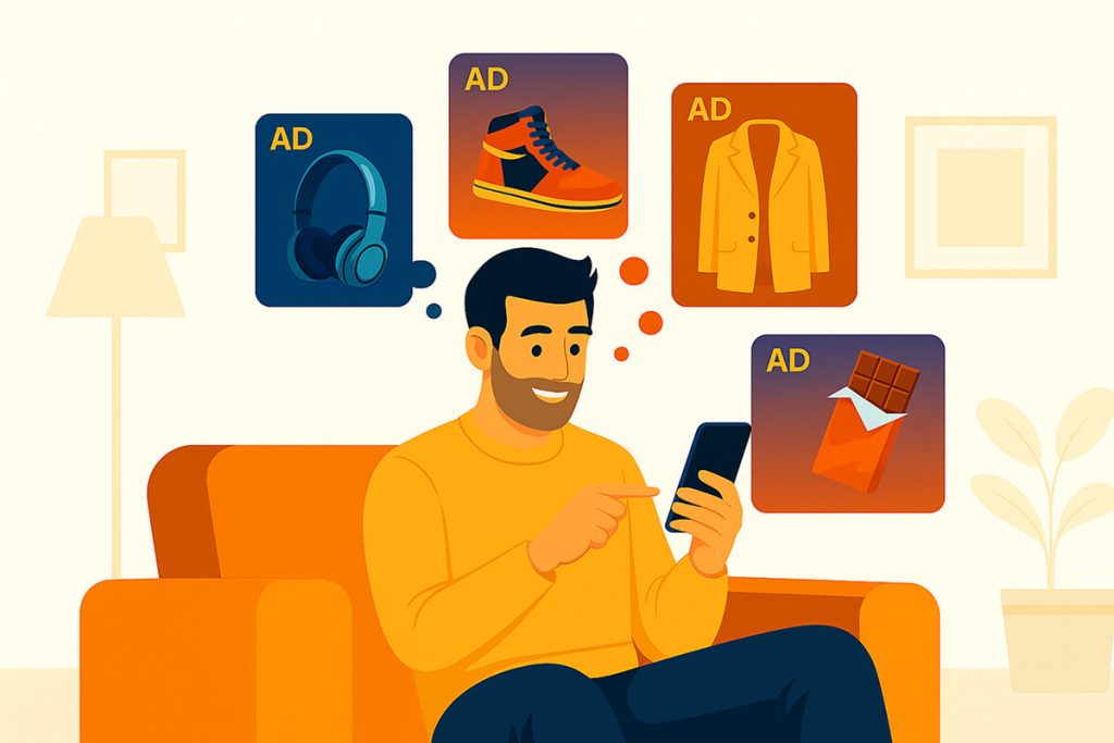 کاربر در حال تعامل با تبلیغات درون‌اپلیکیشنی محصولات متنوع مانند هدفون، کفش، شکلات و پوشاک