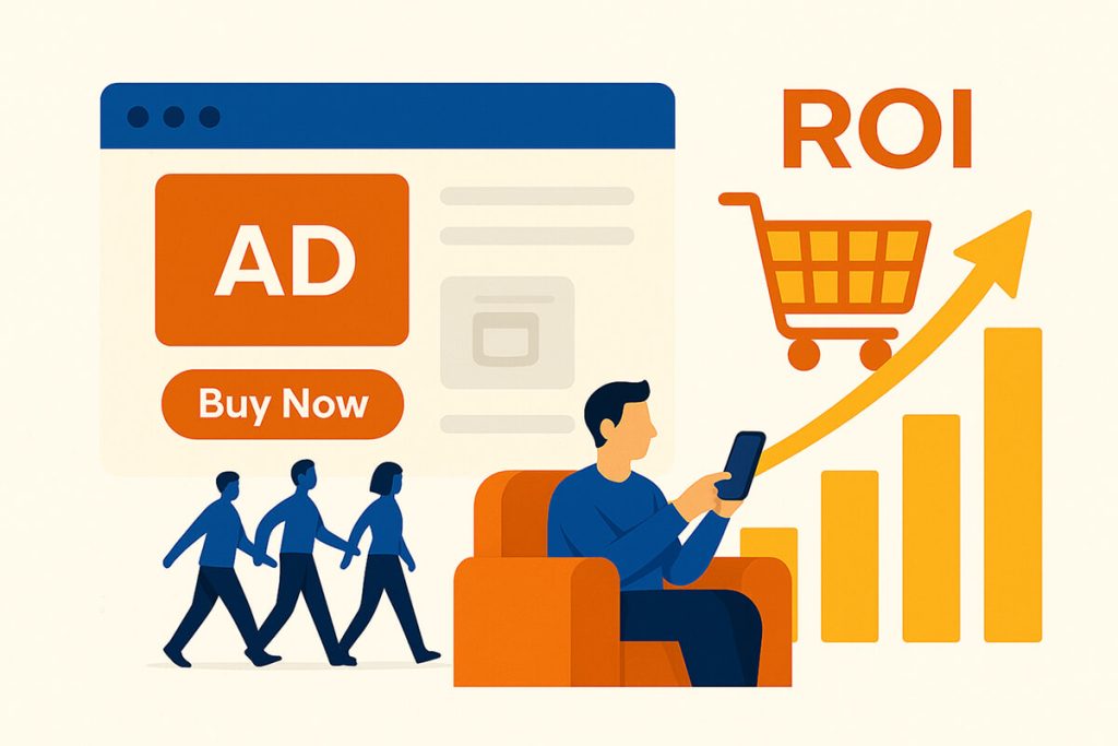 تبلیغ درون اپلیکیشن با دکمه خرید و نمودار رشد ROI در رسانه خرده‌فروشی