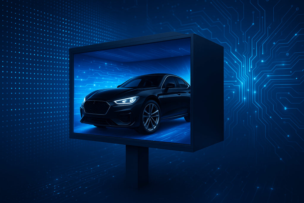 نمایی از بیلبورد دیجیتال سه‌بعدی با نمایش خودروی مشکی در پس‌زمینه‌ای با الگوهای LED و مدارهای الکترونیکی