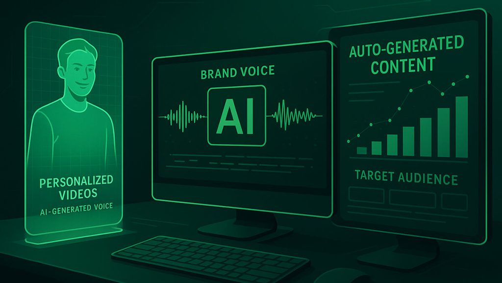 نمایی دیجیتال از یک میز کار با نمایشگرهایی که تولید محتوای خودکار صوتی و تصویری توسط هوش مصنوعی را نشان می‌دهند، شامل ویدیوهای شخصی‌سازی‌شده، صدای برند و داده‌های مخاطب هدف