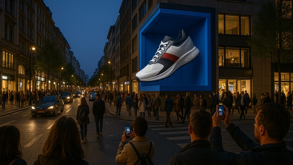 بیلبورد سه‌بعدی کفش ورزشی در خیابان شلوغ شهری؛ برخی عابران ایستاده‌اند و در حال تماشای تبلیغ یا فیلم‌برداری هستند