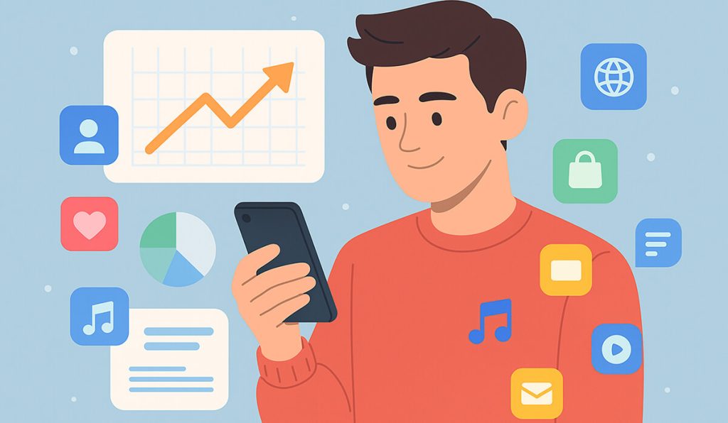 کاربر در حال استفاده از اپلیکیشن موبایل؛ نمادی از تغییر رفتار دیجیتال از شبکه‌های اجتماعی به اپلیکیشن‌های کاربردی