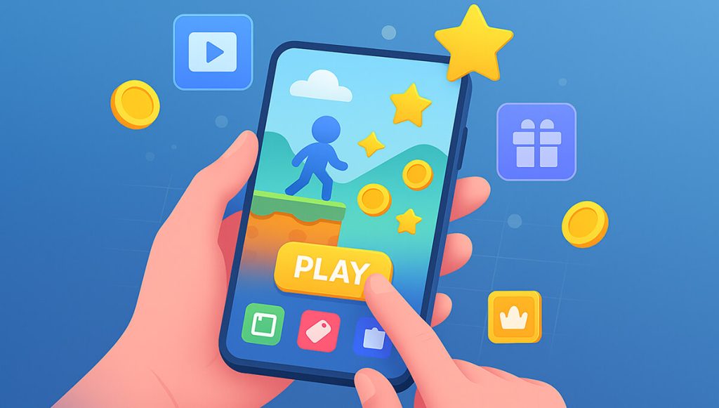 کاربر در حال بازی با موبایل؛ نمایش تبلیغات تعاملی در بازی‌های موبایلی با عناصر پاداش و تعامل