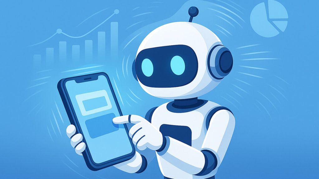 ربات هوشمند در حال استفاده از موبایل؛ نمادی از کاربرد هوش مصنوعی در تبلیغات درون‌اپلیکیشنی