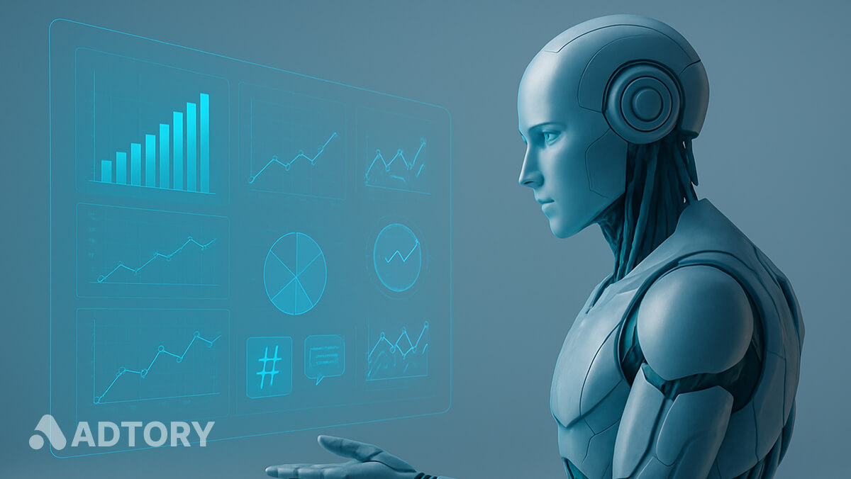 ربات انسان‌نما در حال تحلیل داده‌های هولوگرافیک مرتبط با بازاریابی دیجیتال