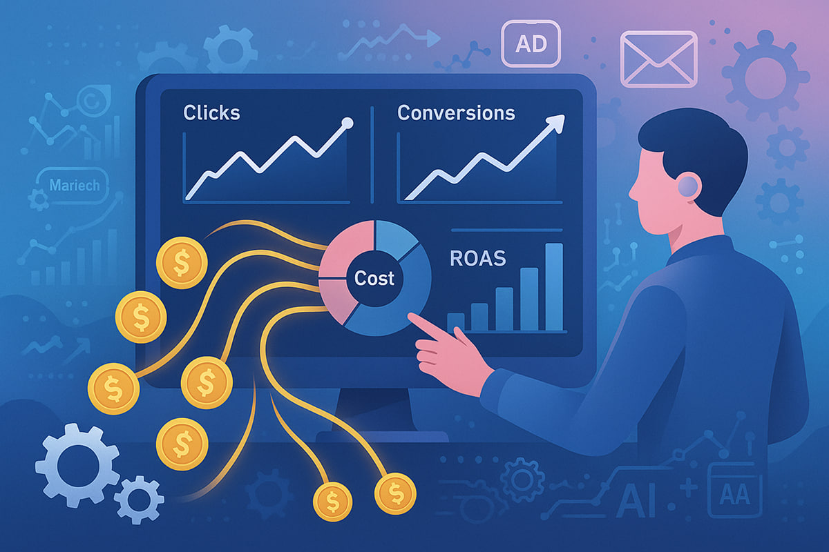 ربات دیجیتال در حال کنترل داشبورد تبلیغات برای کاهش هزینه با کمک MarTech