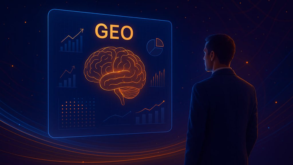 مردی در حال مشاهده نمایشگر هولوگرامی با عنوان GEO و نمودارهای داده مرتبط با Generative Engine Optimization