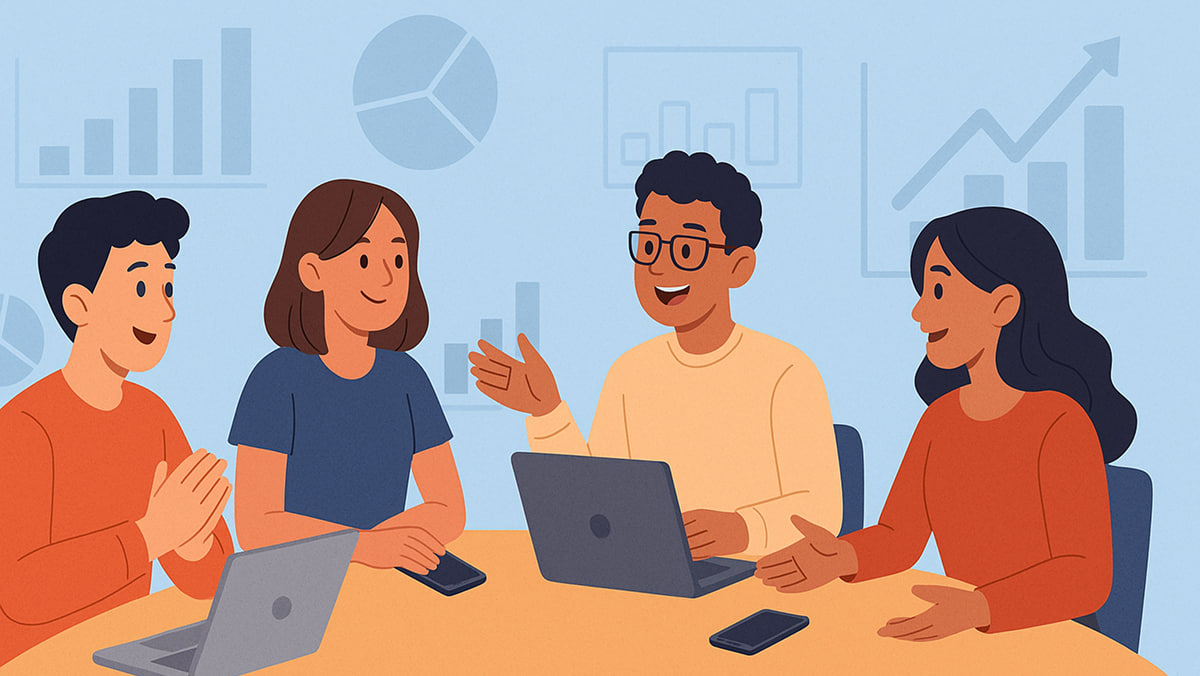 تصویر کارتونی از تیمی که در حال گفتگو درباره استراتژی‌های تبلیغات درون‌اپلیکیشنی و تحلیل داده‌ها هستند