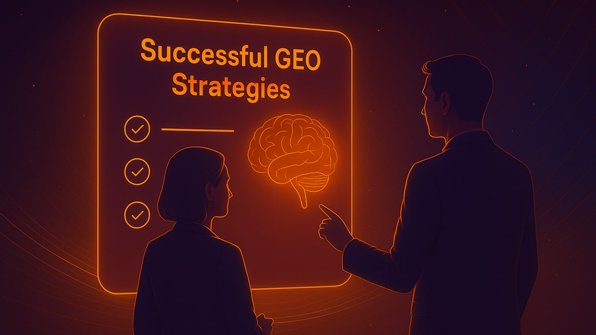 دو فرد حرفه‌ای در حال مشاهده نمایشگر هولوگرامی با عنوان Successful GEO Strategies و نماد مغز دیجیتال