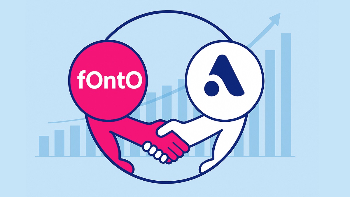 تصویر نمادین همکاری فونتو و ادتوری با دست دادن و نمودار رشد در پس‌زمینه
