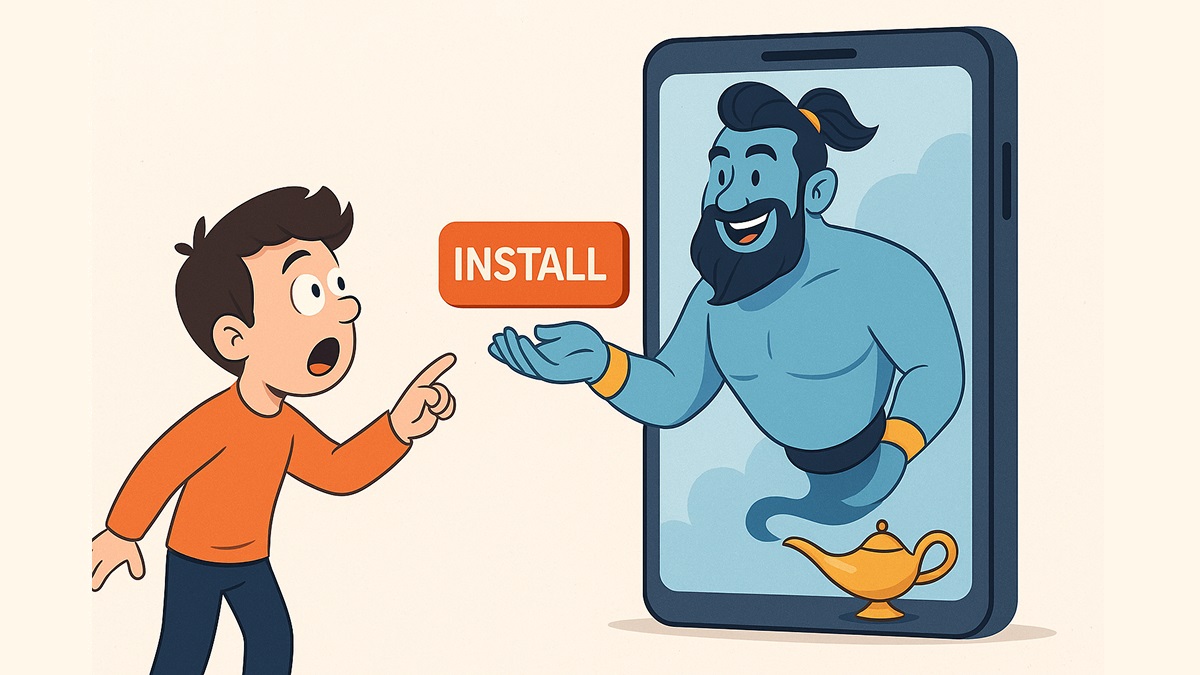 نمای کارتونی از کاربری که با یک جنی در حال تعامل است و دکمه نصب اپلیکیشن روی صفحه گوشی دیده می‌شود