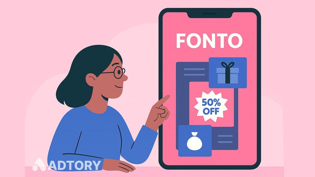 کاربر در حال اشاره به گوشی هوشمند بزرگ با لوگوی فونتو و المان‌های تبلیغاتی مثل تخفیف و هدیه