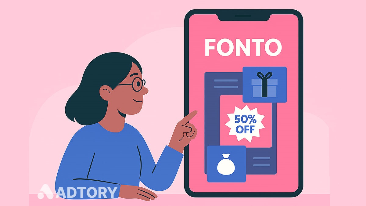 کاربر در حال اشاره به گوشی هوشمند بزرگ با لوگوی فونتو و المان‌های تبلیغاتی مثل تخفیف و هدیه