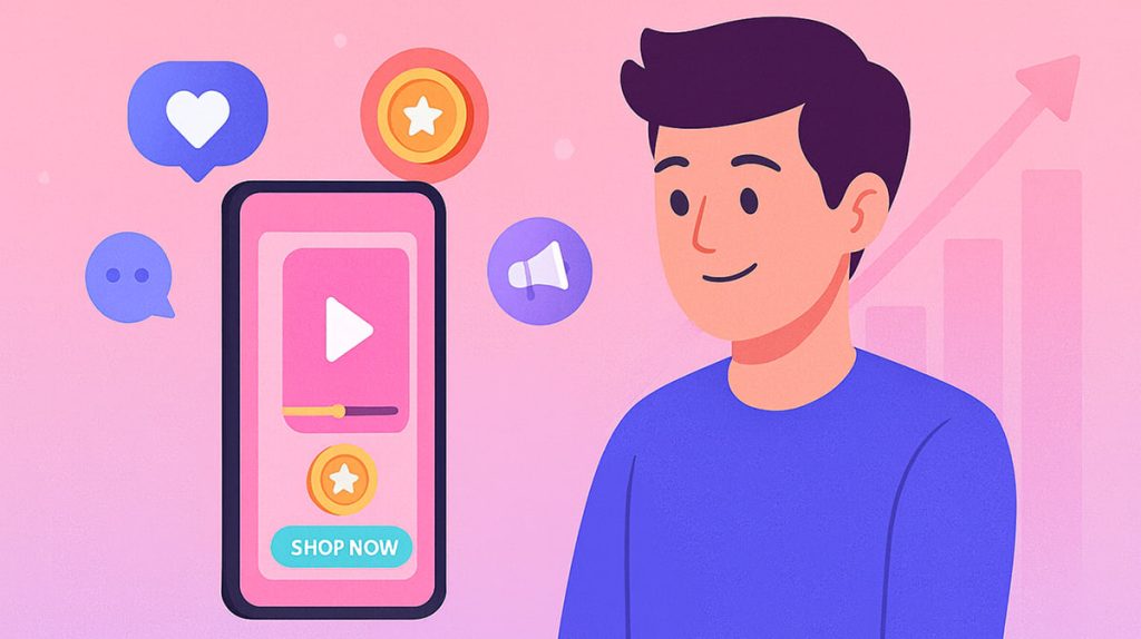 کاربر در حال مشاهده تبلیغات ویدیویی درون‌اپلیکیشنی با دکمه شاپبل و آیکون‌های تعامل
