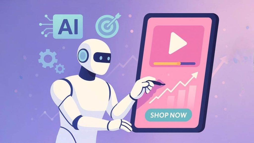 ربات انسان‌نما در حال طراحی تبلیغات درون‌اپلیکیشنی با کمک هوش مصنوعی روی تبلت