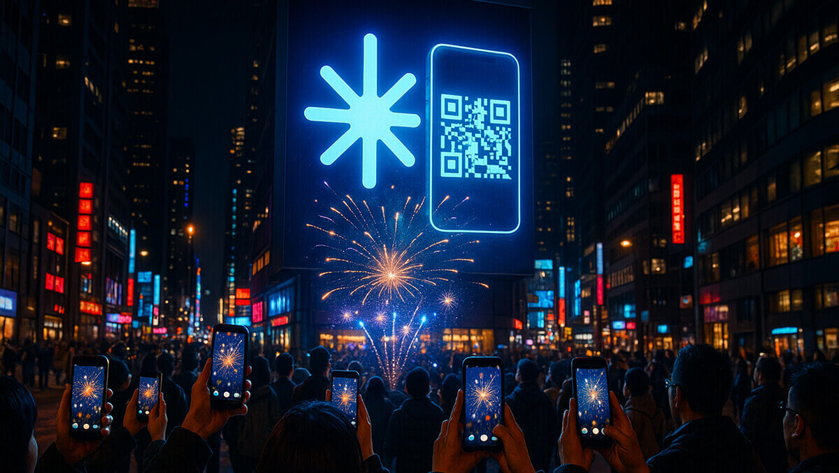 جمعیت در میدان شلوغ شبانه در حال فیلم‌برداری از بیلبورد سه‌بعدی با کد AR هستند که آتش‌بازی دیجیتال را به‌صورت واقعیت افزوده نمایش می‌دهد