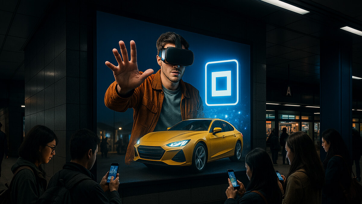 مردی با هدست واقعیت مجازی روی بیلبورد سه‌بعدی CGI در کنار یک ماشین زرد در حال نمایش است و رهگذران در ایستگاه شهری مشغول تماشای آن هستند