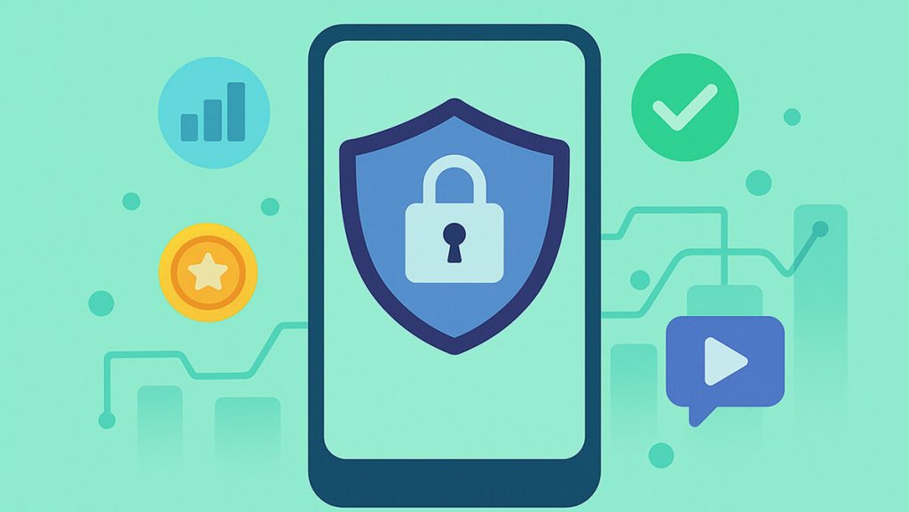 گوشی هوشمند با نماد سپر و قفل، surrounded by آیکون‌های تبلیغاتی و داده در پس‌زمینه