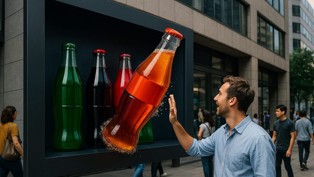 نمای روز از یک بیلبورد سه‌بعدی تعاملی در خیابان شهری که بطری شیشه‌ای نارنجی از سطح صفحه به سمت بیرون آمده و سه بطری شیشه‌ای سبز، مشکی و قرمز در پس‌زمینه قرار دارند.