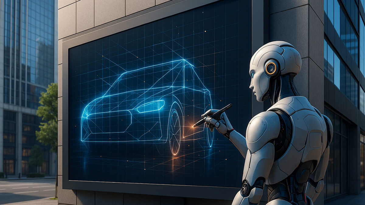 ربات هوش مصنوعی در حال طراحی بیلبورد سه‌بعدی با قلم دیجیتال در فضای شهری مدرن.