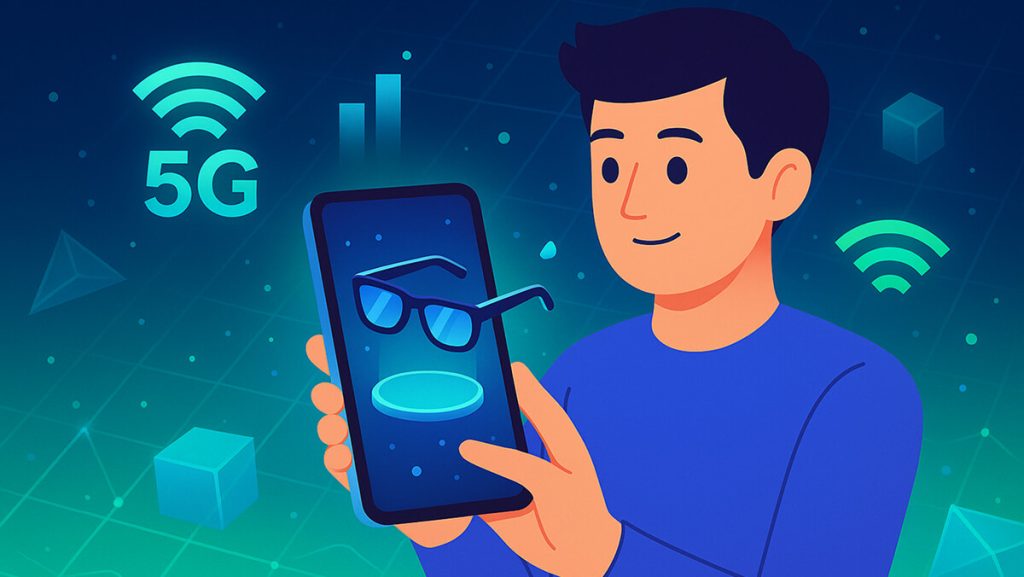 کاربر در حال استفاده از گوشی با تجربه واقعیت افزوده (AR) و نماد 5G در پس‌زمینه