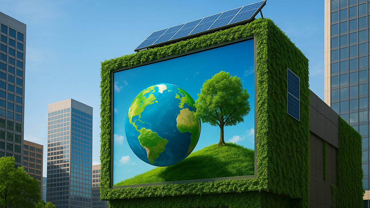 بیلبورد سه‌بعدی پایدار در شهر مدرن با پوشش گیاهی و پنل‌های خورشیدی که زمین و درخت را به‌صورت سه‌بعدی نمایش می‌دهد.