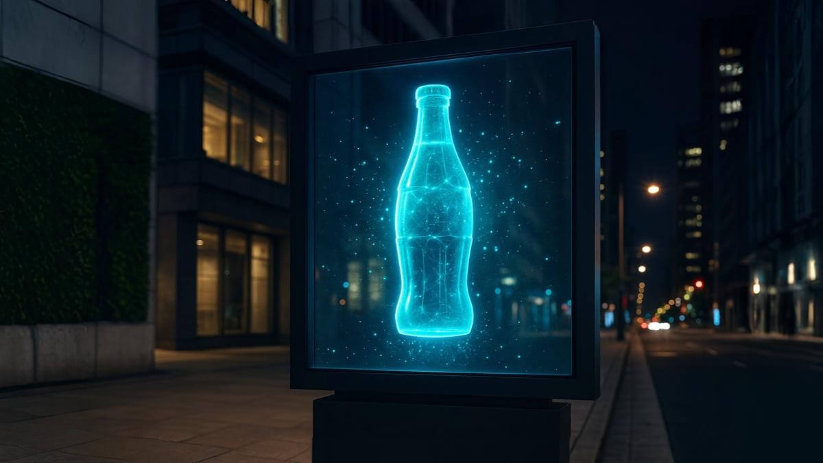 بیلبورد هولوگرافیک سه‌بعدی در شب با تصویر درخشان بطری شیشه‌ای معلق در هوا در فضای شهری.