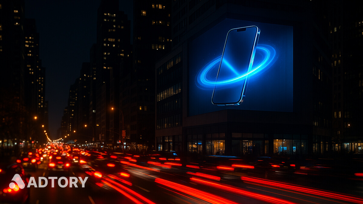 ترندهای بیلبورد سه‌بعدی در شب؛ نمایش گوشی هوشمند نورانی با افکت آبی روی ساختمان شهری.