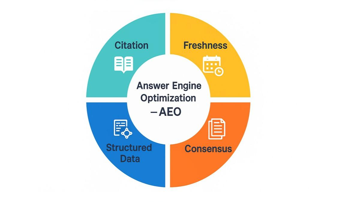 اینفوگرافیک دایره‌ای سیگنال‌های کلیدی بهینه‌سازی موتور پاسخ‌ده (AEO) شامل Citation، Freshness، Consensus و Structured Data