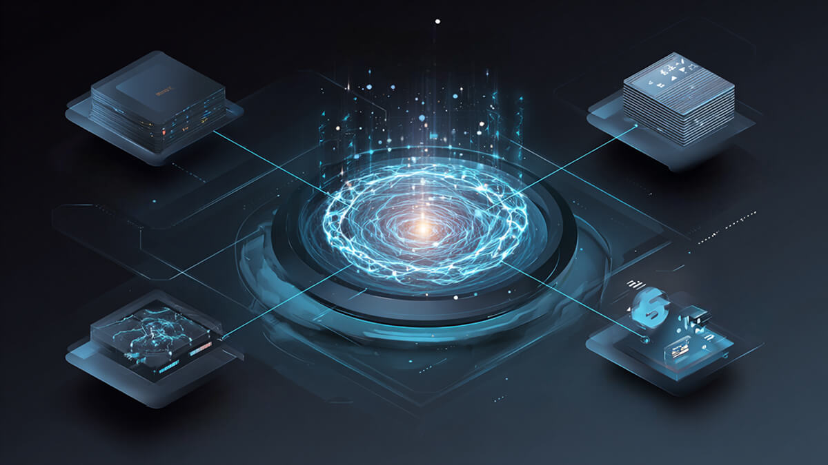 تصویر مفهومی از Generative Engine Optimization (GEO) با هسته نورانی و داده‌های متصل