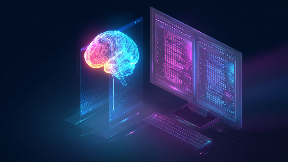 تصویر مفهومی از Generative Engine Optimization (GEO) با مغز هولوگرامی و مانیتور نمایش متن