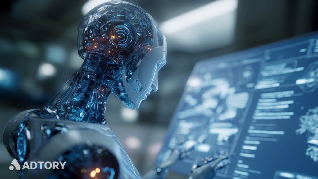 ربات هوش مصنوعی در حال کار با صفحه نمایش دیجیتال برای بهینه‌سازی موتور پاسخ‌ده