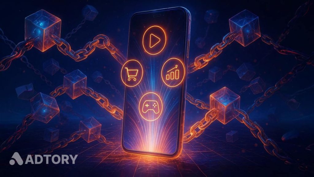 بلاک‌چین در تبلیغات موبایلی با گوشی هوشمند و نمادهای تبلیغات دیجیتال