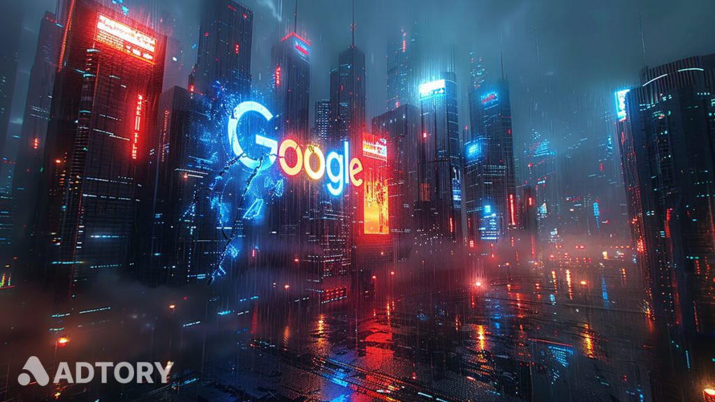 لوگوی ترک‌خورده گوگل در میان شهر هوشمند نئونی؛ نمادی از جریمه گوگل در AdTech و تغییر آینده تبلیغات دیجیتال
