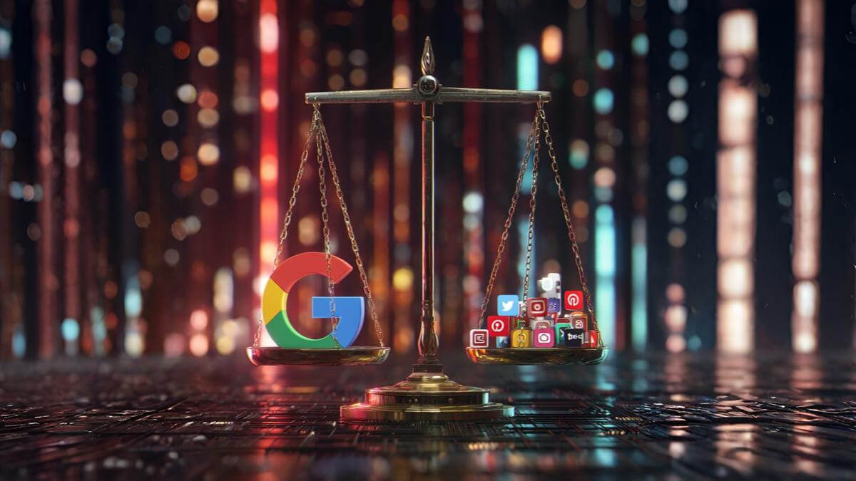ترازو با لوگوی گوگل در یک سمت و آیکون‌های تبلیغات دیجیتال در سمت دیگر، نماد انحصار در تبلیغات دیجیتال و جریمه گوگل در AdTech