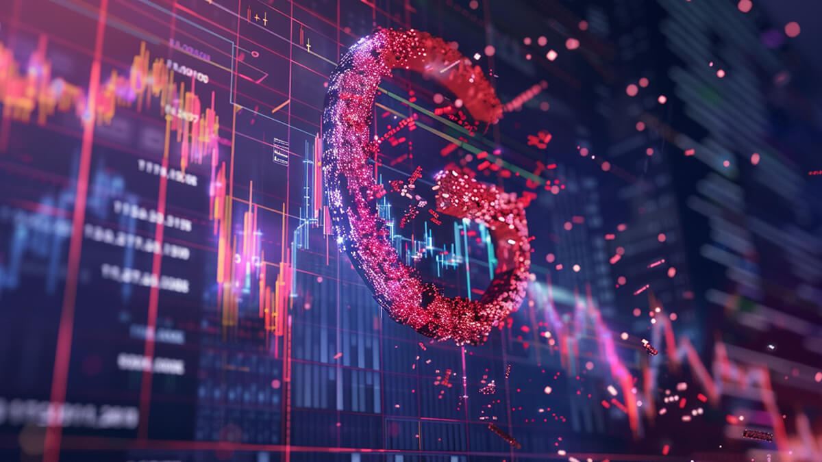 نمودار نزولی قرمز با لوگوی گوگل در حال فروپاشی، نماد جریمه گوگل در AdTech و افت سهام