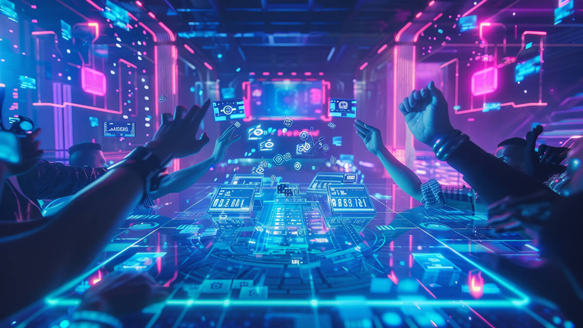 مزایده دیجیتال با دست‌های متعدد در حال بالا بردن کارت‌های هوشمند، نماد رقابت سالم در آینده تبلیغات دیجیتال پس از جریمه گوگل در AdTech