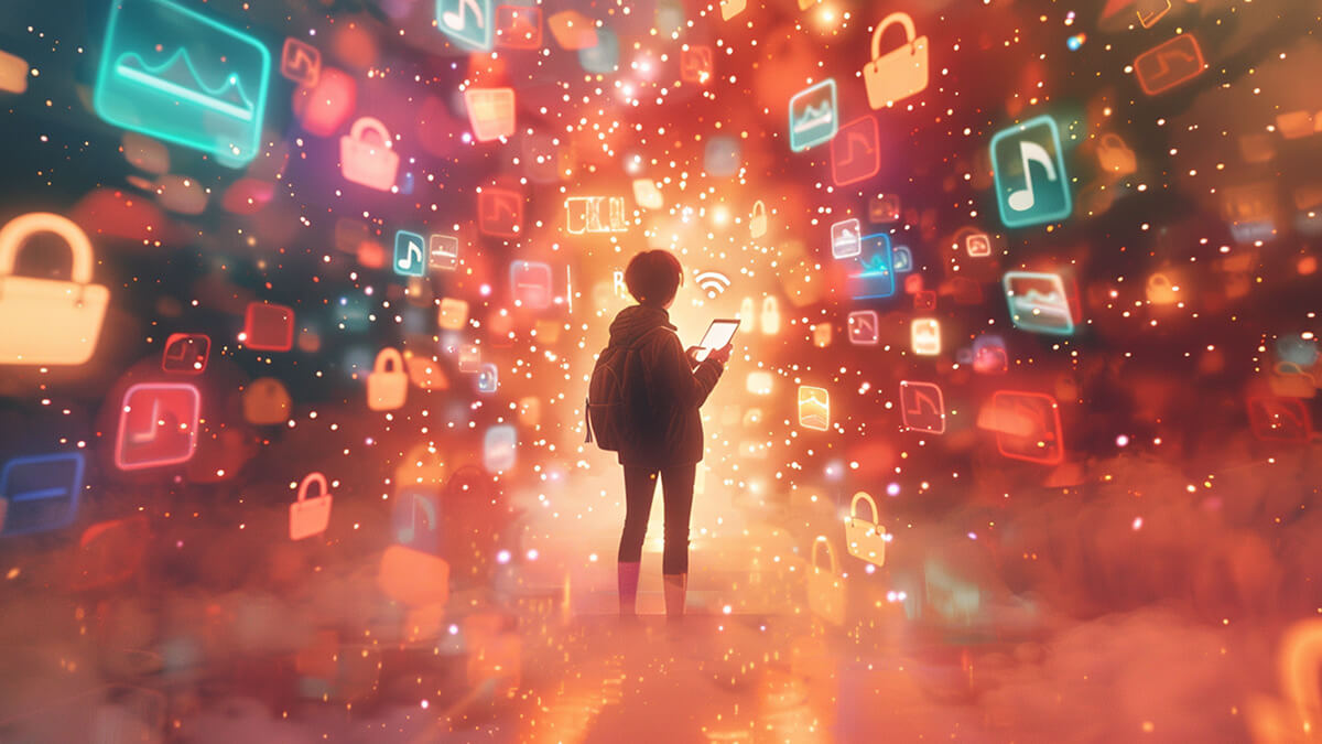 کاربر در حال استفاده از موبایل با آیکون‌های اپلیکیشن شناور در اطراف، نماد تبلیغات موبایلی و درون‌اپ در AdTech