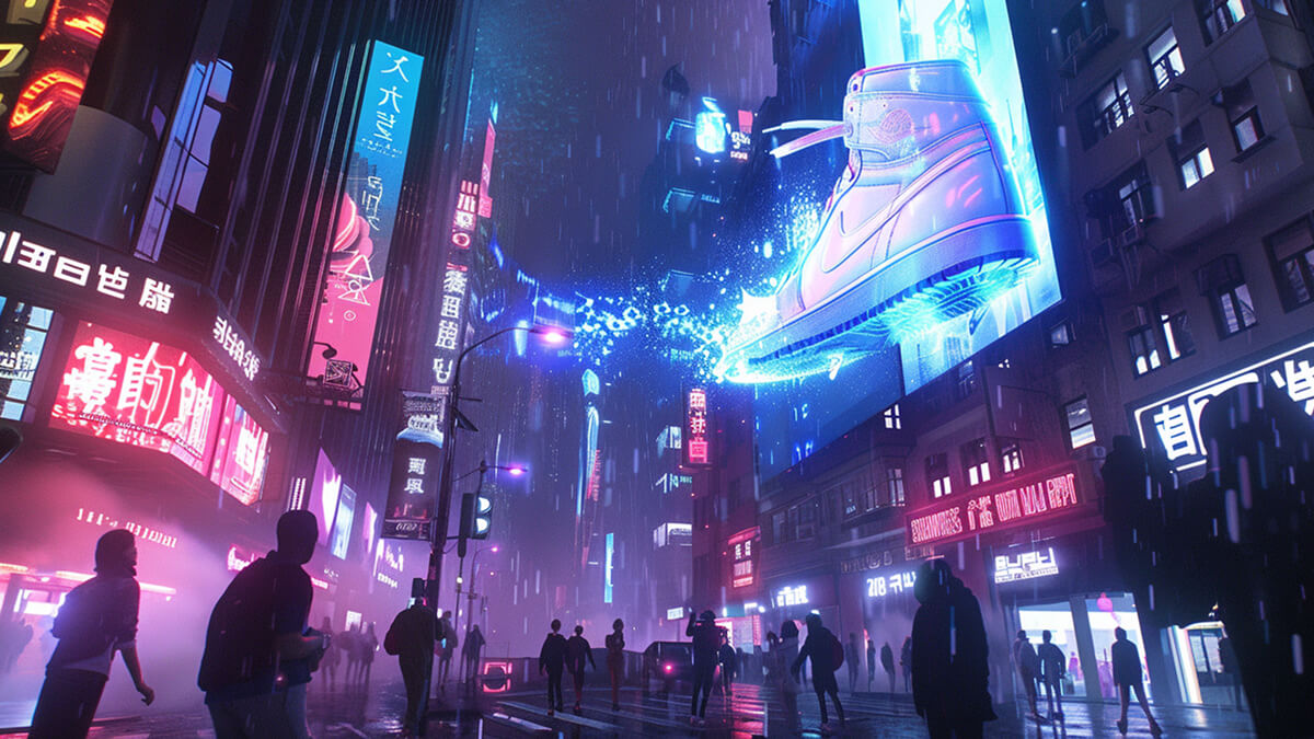 بیلبورد سه‌بعدی شهری با کفش غول‌پیکر بیرون‌زده از صفحه و عابران متعجب، نماد رسانه‌های خلاق در تبلیغات دیجیتال