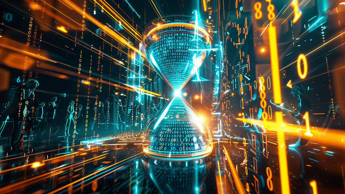 ساعت شنی دیجیتال پر از داده و کدهای باینری، نماد فوریت آماده‌سازی برندها برای آینده تبلیغات دیجیتال پس از جریمه گوگل