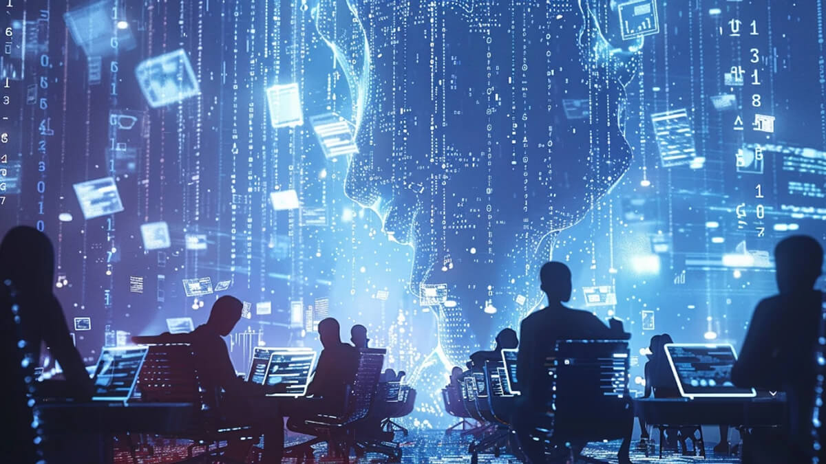 کاربران Web2 در حال استفاده از لپ‌تاپ در محیط دیجیتال و انتقال داده‌ها به سرور مرکزی