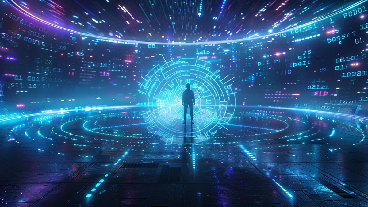 یک کاربر در مرکز شبکه دیجیتال Web3 با جریان داده‌های نئون آبی و بنفش که به سمت او حرکت می‌کنند.