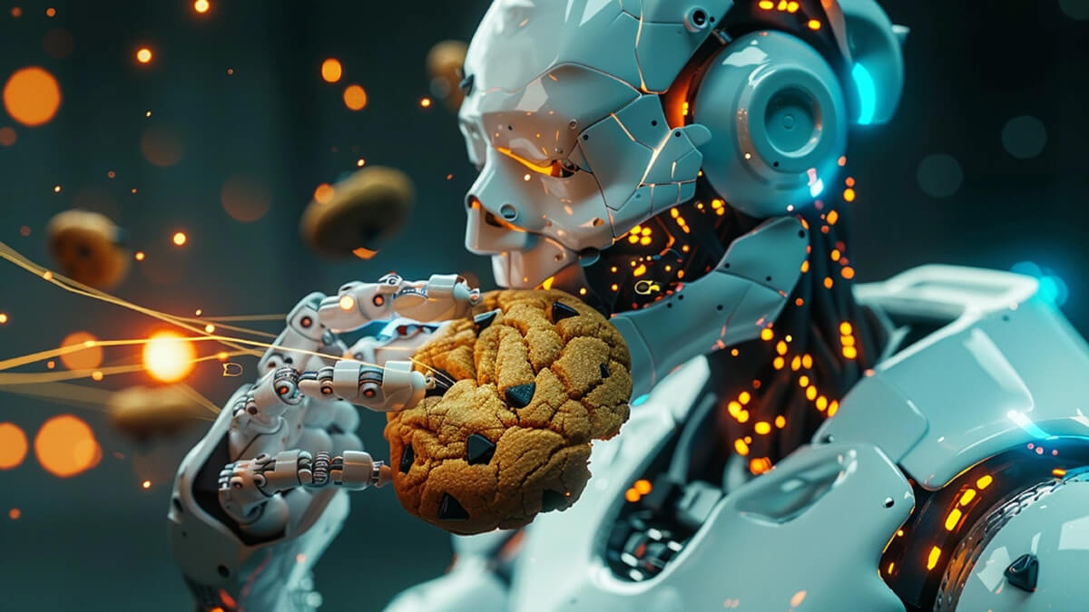 ربات هوش مصنوعی در حال خوردن کوکی، نماد جایگزینی AI با کوکی‌ها در Privacy Sandbox گوگل
