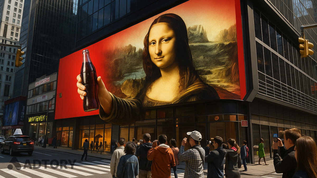 بیلبورد سه‌بعدی در تبلیغات شهری با تصویر مونالیزا که از قاب بیرون آمده و بطری نوشابه‌ای قرمز به رهگذران تعارف می‌کند