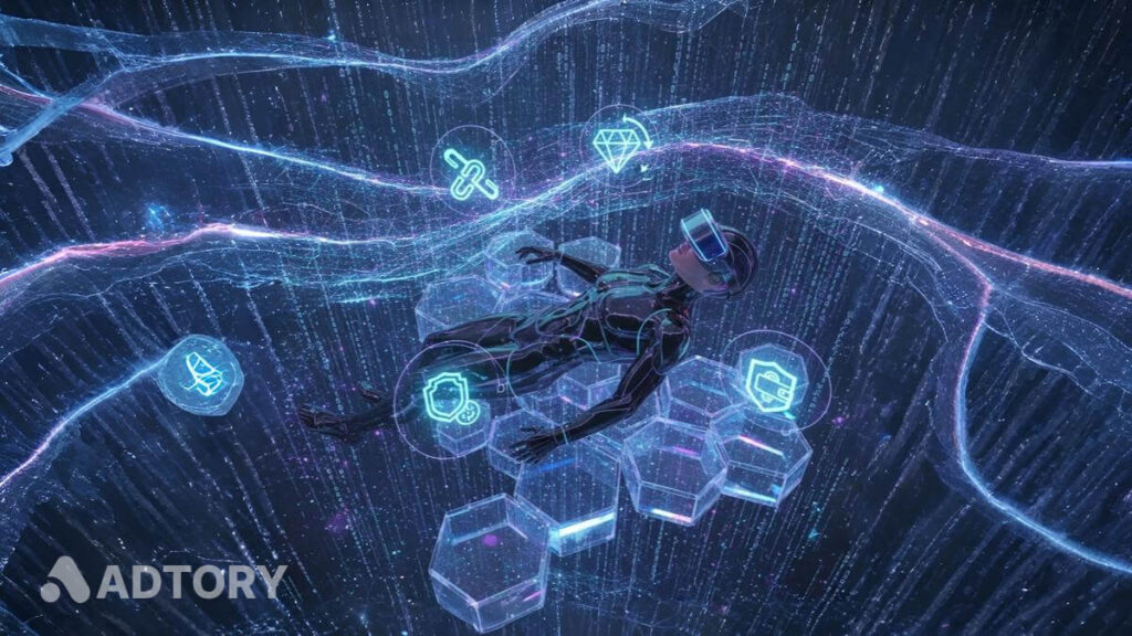 Web3 و مالکیت داده‌ها، انسان با هدست واقعیت مجازی در میان داده‌ها و نمادهای بلاک‌چین