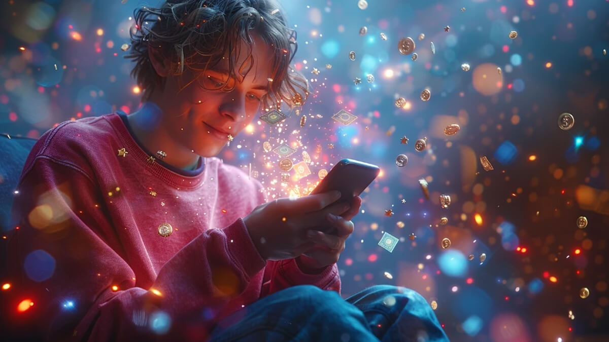 کاربر در حال استفاده از موبایل و دریافت پاداش دیجیتالی در تبلیغات درون‌برنامه‌ای