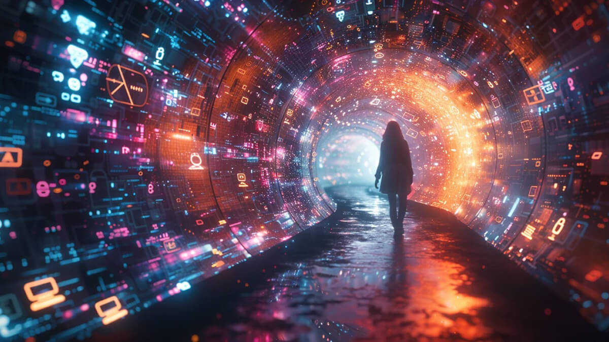 کاربر در حال عبور از تونل دیجیتال با نمادهای اپلیکیشن‌ها و آیکون‌های داده، نشان‌دهنده تغییر رفتار کاربران از وب به اپ‌ها