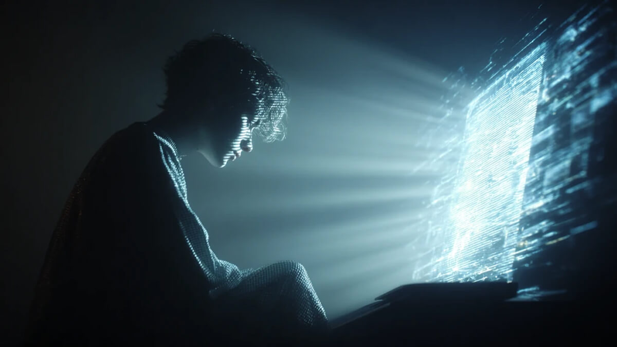 نمای واقع‌گرایانه از فردی مقابل منبع داده درخشان که تضاد میان قدرت و مسئولیت اخلاقی در مالکیت داده در Web3 را نشان می‌دهد