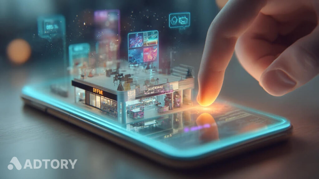 نمایی از تعامل کاربر با گوشی هوشمند و مشاهده دنیایی دیجیتال درون آن، نماد استفاده از فرمت‌های تعاملی در تبلیغات موبایلی برای ایجاد تجربه برند.